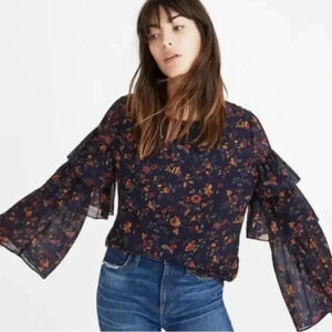 Madewell Women's S Ruffle-Sleeve Top in Climbing Vine Floral Print Navy Boho